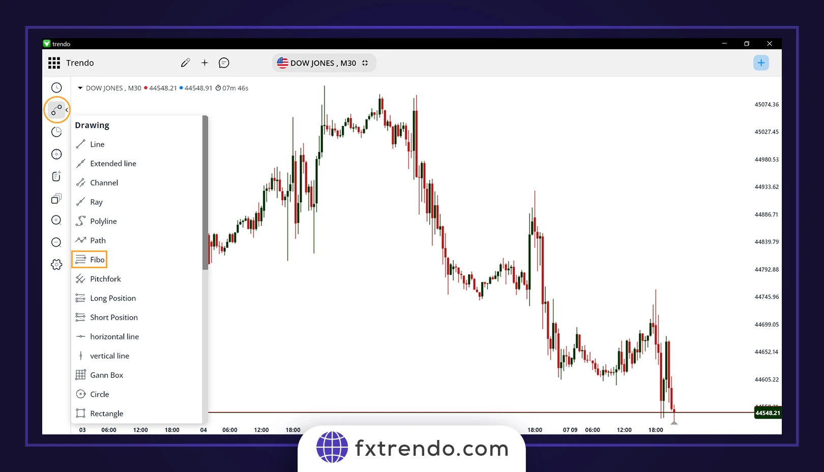 To use the Fibonacci tool in the Trendo broker trading platform, you can use the Fibonacci-related tools in the Drawing section.